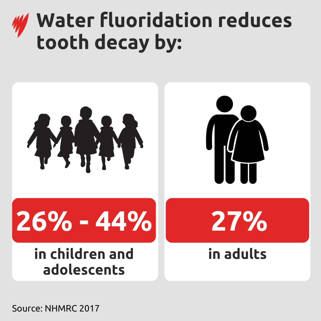 A graph showing how water fluoridation reduces tooth decay in children, adolescents, and adults.